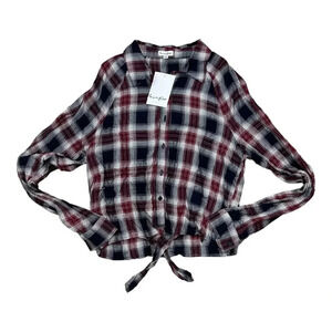 Love Fire Red Plaid Tie Front Rayon Western Button Down S